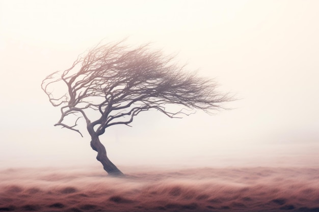 un árbol desnudo solitario se dobla del viento generativo ai