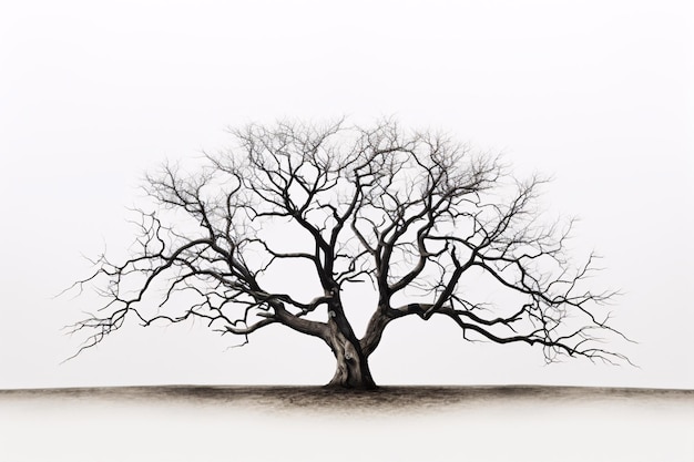 Un árbol desolado sin hojas en un lienzo blanco