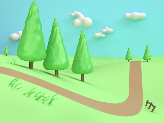 árbol de dibujos animados estilo minimalista naturaleza abstracta verde campo colina montaña país representación 3d