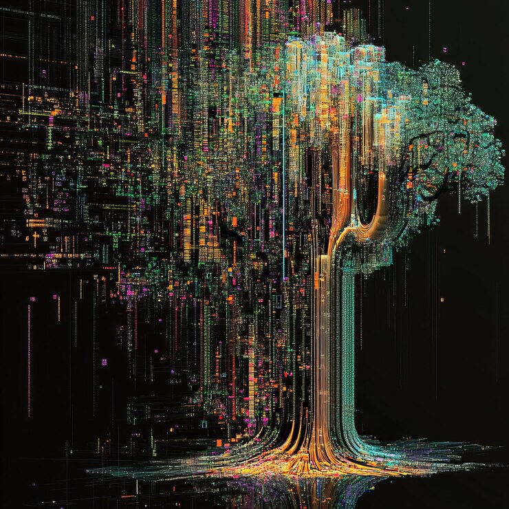 Foto árbol digital abstracto hecho de líneas brillantes y datos