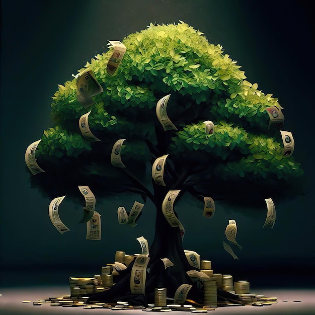 un árbol con dinero y dinero en él IA generativa