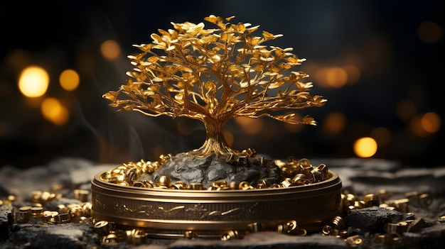 Árbol de dinero dorado derramando el dinero