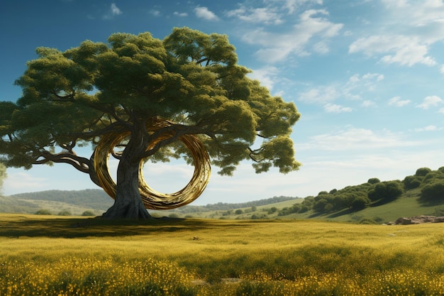 Un árbol con un distintivo anillo amarillo que rodea su tronco en un campo extenso