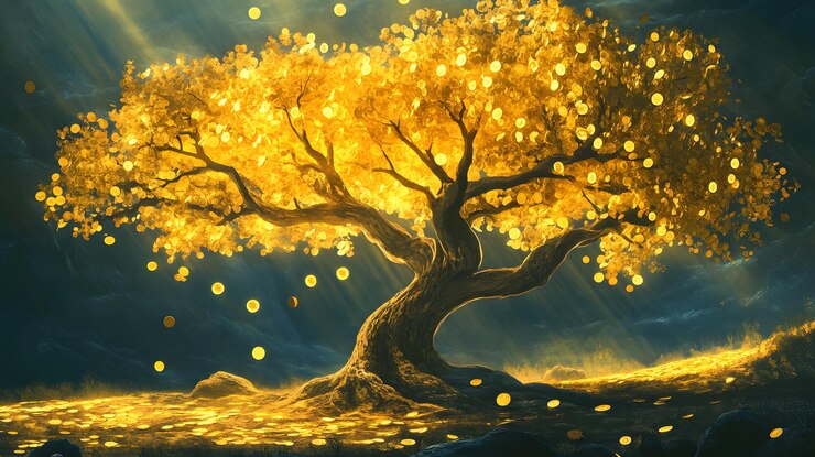 Un árbol dorado lloviendo monedas en un bosque oscuro