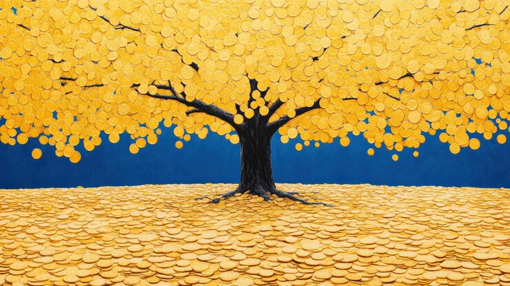 Un árbol dorado vibrante rodeado de monedas que simbolizan la riqueza y la prosperidad en un estilo de arte abstracto