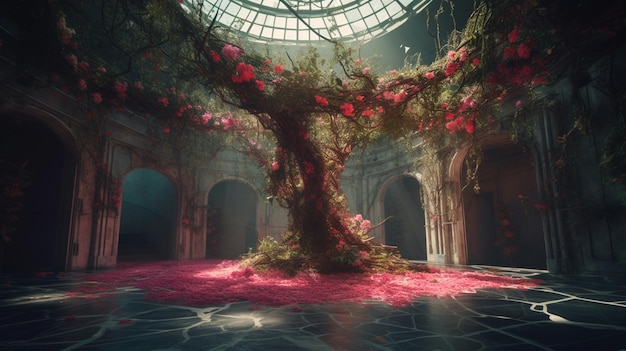 Un árbol en un edificio con flores.