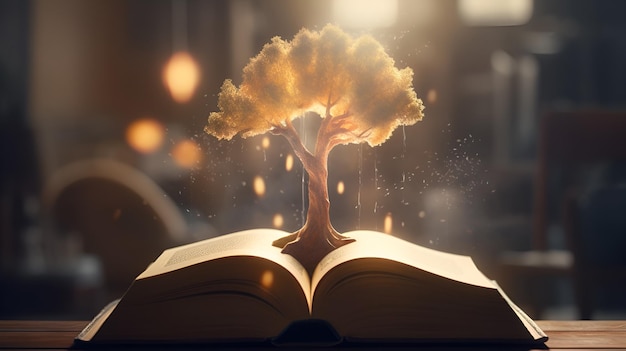 Un árbol encima de un libro.