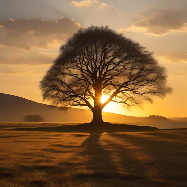 El árbol encorvado disfrutando de los rayos dorados del sol poniente generados por la IA