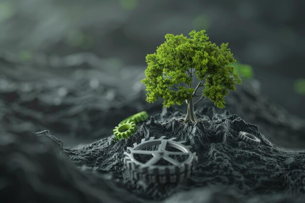 Un árbol con engranajes en él está rodeado por un fondo