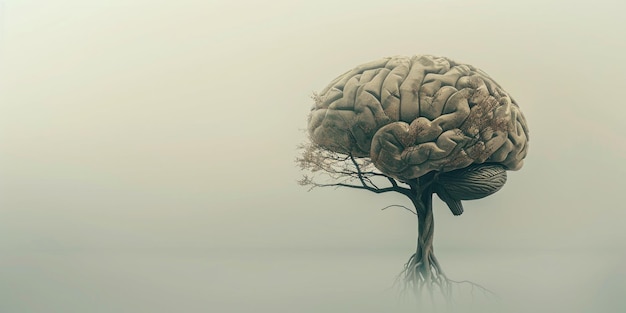 Árbol enigmático con cerebro humano en el interior sobre un fondo brumoso que simboliza la inteligencia y los misterios de la naturaleza