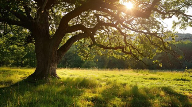 Foto un árbol ensanchado con un tronco grueso en un prado iluminado por el sol que proyecta una gran sombra en la hierba