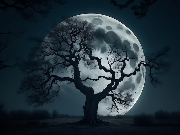 árbol espeluznante contra una gran luna AI generado