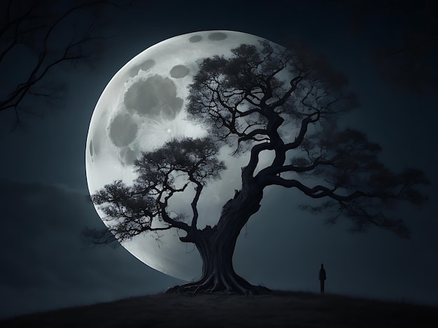 árbol espeluznante contra una gran luna AI generado