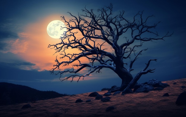 Árbol espeluznante contra una gran luna