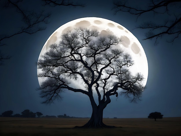 árbol espeluznante contra una gran luna