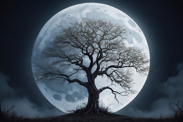 Foto Árbol espeluznante contra una gran luna