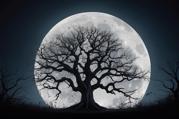 Foto Árbol espeluznante contra una gran luna
