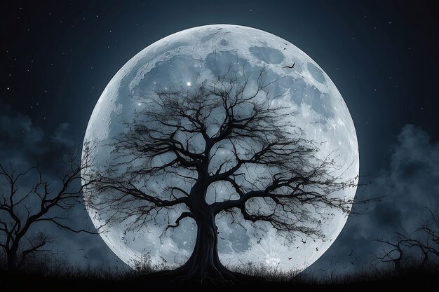 Foto Árbol espeluznante contra una gran luna