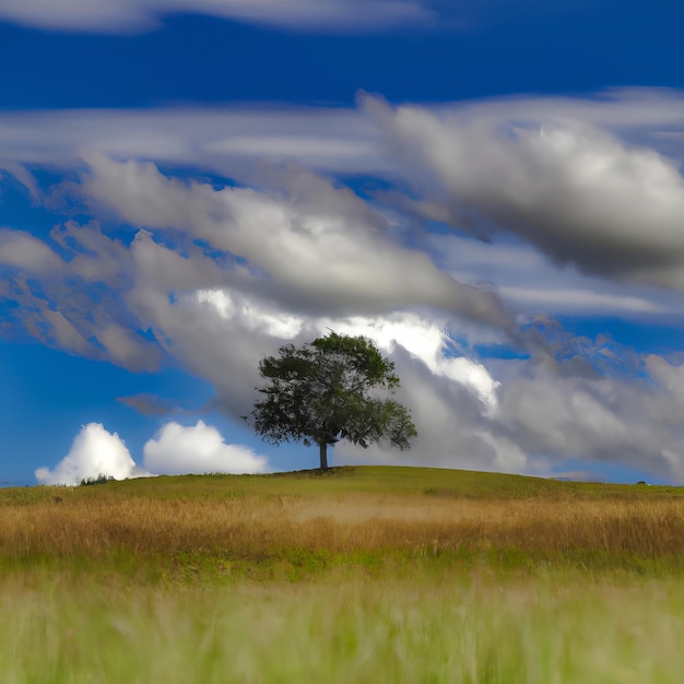 Un árbol está en una colina en un campo con nubes en el fondo.