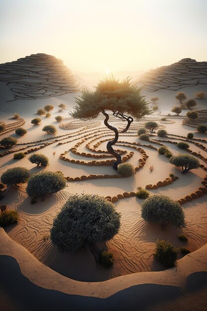 un árbol está creciendo en el medio de un desierto