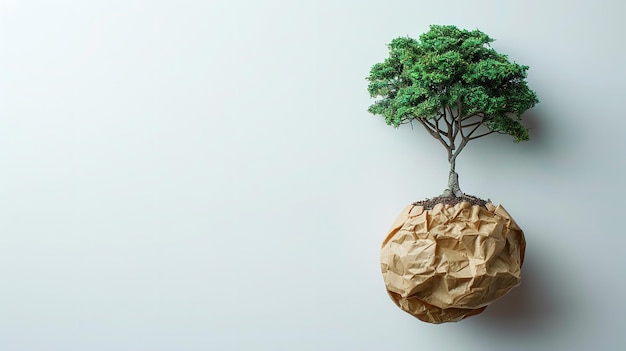 Un árbol está creciendo a partir de una bola de papel con una vista de arriba y un gran espacio vacío para el texto un concepto de salvar árboles salvar el medio ambiente IA generativa