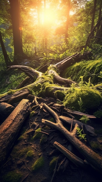 El árbol está firmemente sostenido por sus raíces en un denso bosque al amanecer IA generativa