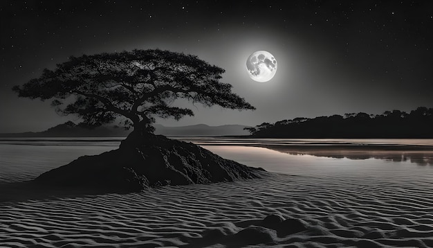 un árbol está en el medio del desierto con la luna en el fondo