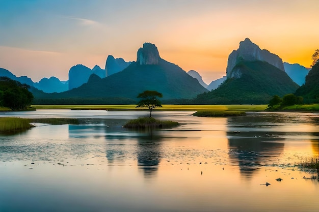 Un árbol está en medio de un lago con montañas al fondo.