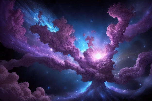 Un árbol con estrellas moradas y azules y la nube de palabras sobre él.