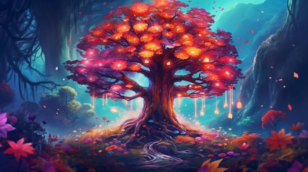 árbol de fantasía mágica con hojas de colores