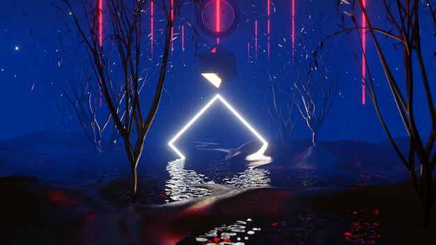 Árbol de fantasía nocturna en verano Fondo para publicidad en la escena de arte pop retro y ciencia ficción de los años 90