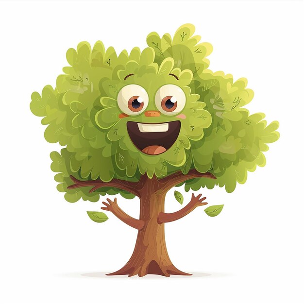 Un árbol feliz con una cara y brazos disfrutando de la brisa Ilustración vectorial 4K en fondo blanco