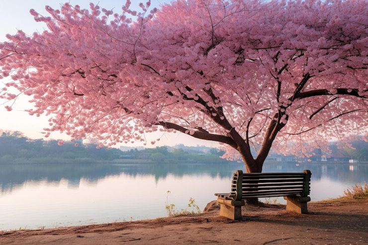 Foto árbol de flor de cerezo rosa al lado del río y un banco vacío