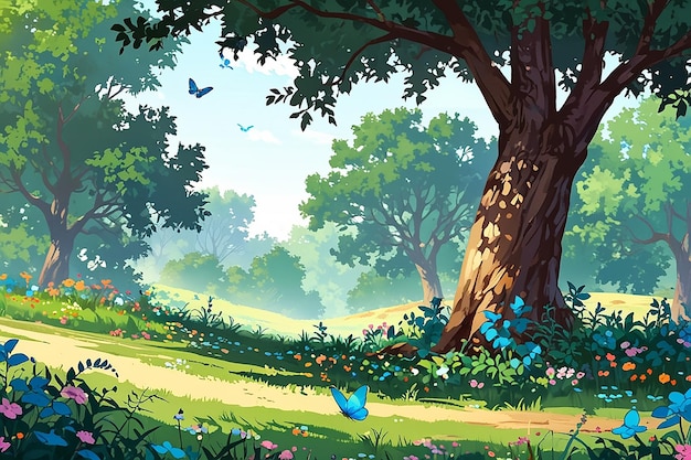 árbol floral y mariposas brillantes ilustración vectorial