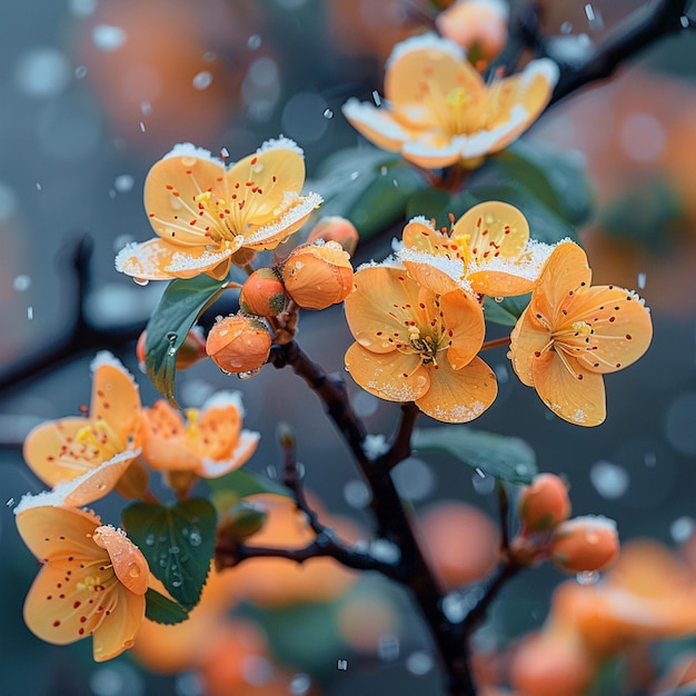 un árbol con flores amarillas y gotas de lluvia