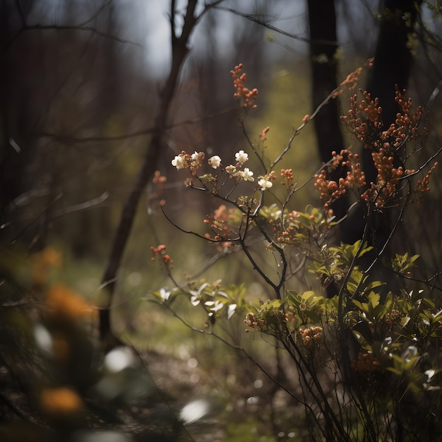 Un árbol con flores blancas en un bosque.