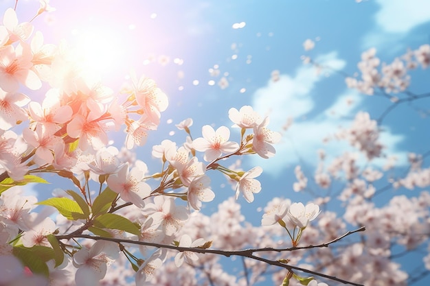 Un árbol con flores blancas y cielo azul.