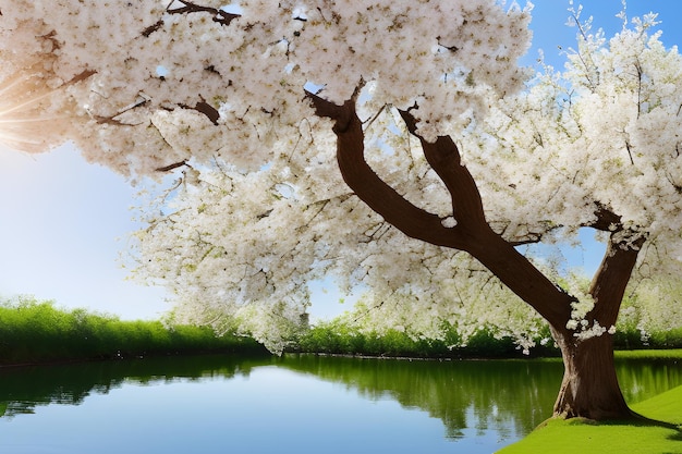 Un árbol con flores blancas está frente a un cuerpo de agua.