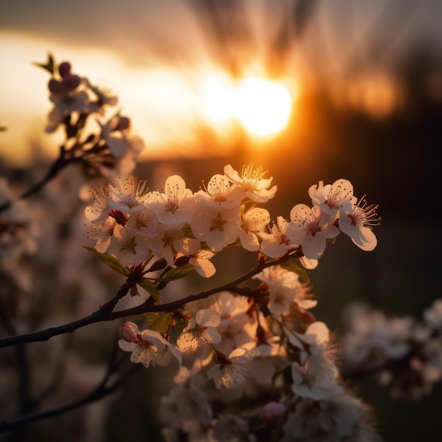 Un árbol con flores blancas está en primer plano de la puesta de sol.