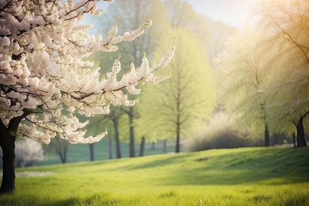 un árbol con flores blancas en el fondo y un campo con un sol brillando a través de los árboles