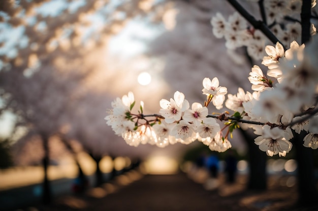 Un árbol con flores blancas frente a una puesta de sol.