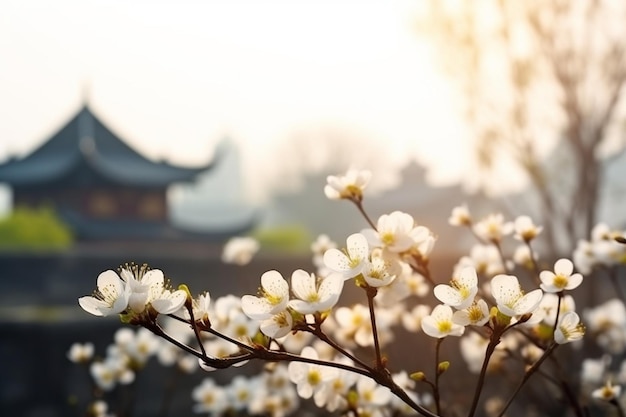 Un árbol con flores blancas frente a un templo en el fondo