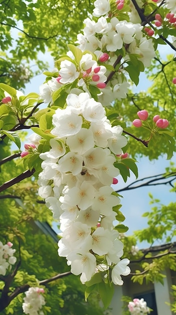 Un árbol con flores blancas y hojas verdes.