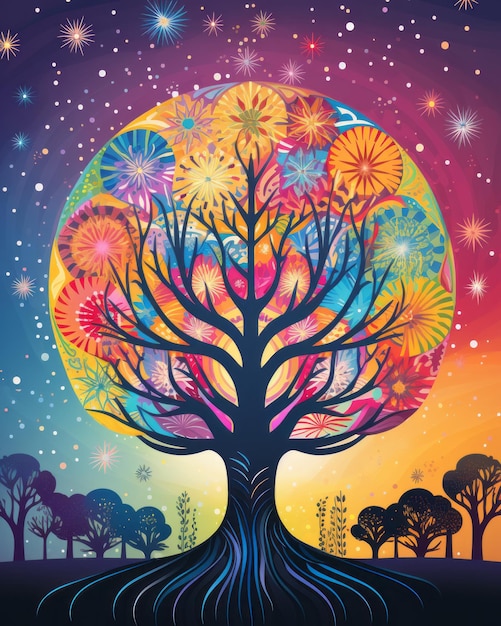 un árbol con flores de colores y estrellas en el fondo