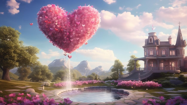 Foto el árbol y las flores en forma de corazón de fantasy meadow crean un ambiente romántico para el día de san valentín ia generativa