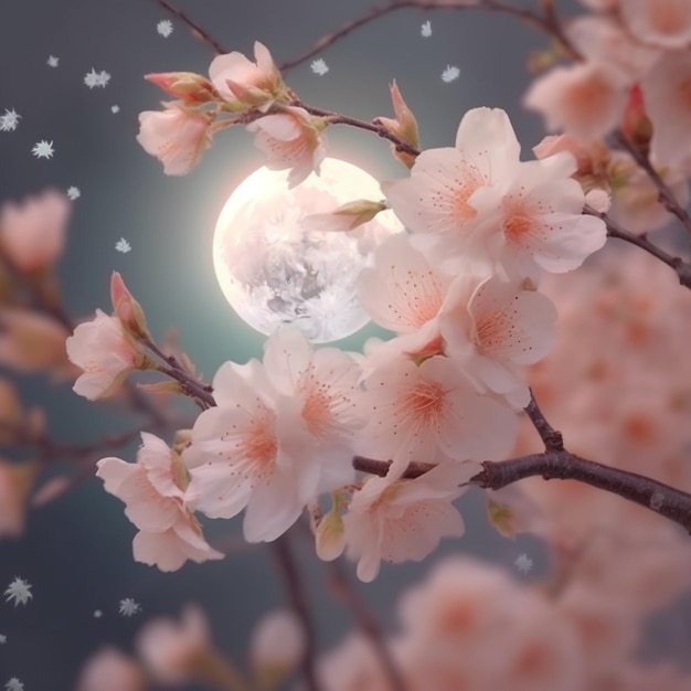 Un árbol con flores y la luna al fondo.