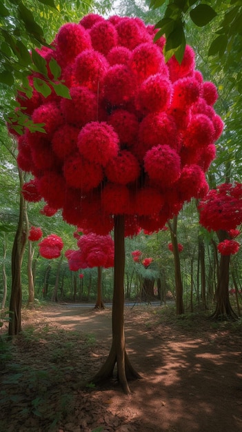 Un árbol con flores rojas en el bosque.