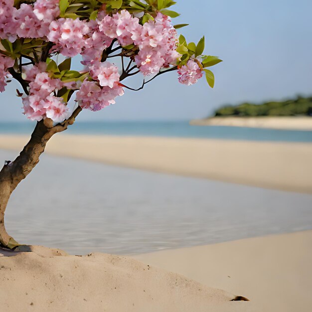 Foto un árbol con flores rosadas en la arena en una playa