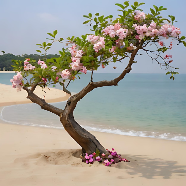 Foto un árbol con flores rosadas en él está en la arena