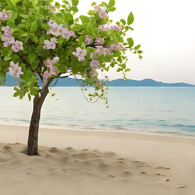un árbol con flores rosadas en él está en la arena